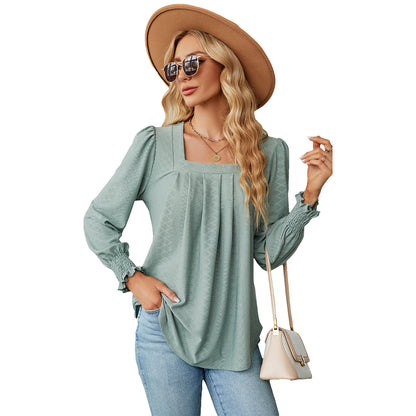 Women's Jacquard pleated square collar long sleeve swallowtail T-shirt