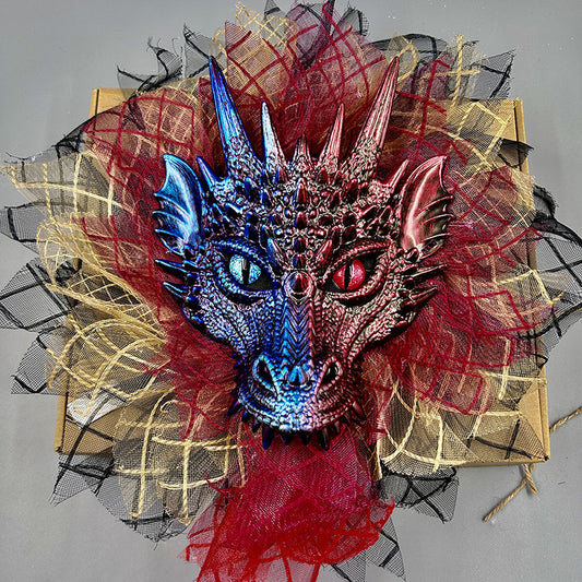 Halloween full face dragon mask with garland wreath, perfect for party decorations, adding a mystical and spooky touch to your festive decor.