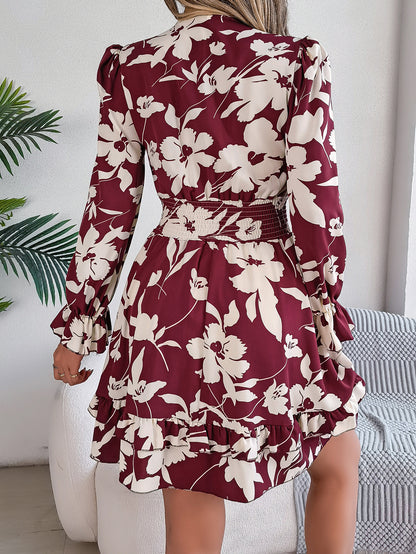 Floral Printed V-Neck Long Sleeve Dress | Ruffles & Bowknot A-Line Short Dress dress drl