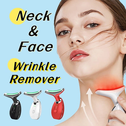 Colorful LED photon therapy beauty device for neck and face - tightens skin, reduces double chin, and smooths wrinkles. Anti-aging lifting massager for youthful appearance.