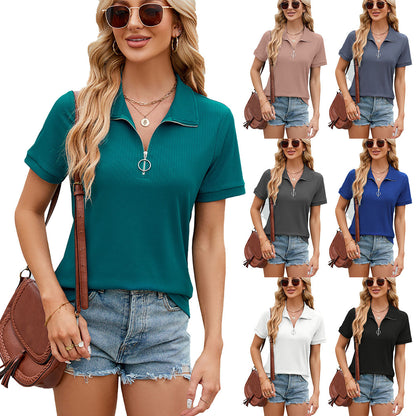 Summer Short Sleeve T-shirt Casual Loose Solid Color Zipper And Lapel Top For Women touchydesign