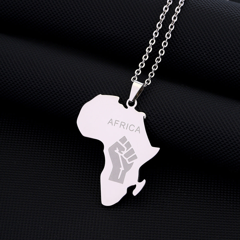 Titanium Steel Africa Map Pendant Necklace - Glossy Gold Fist Shape for Men & Women