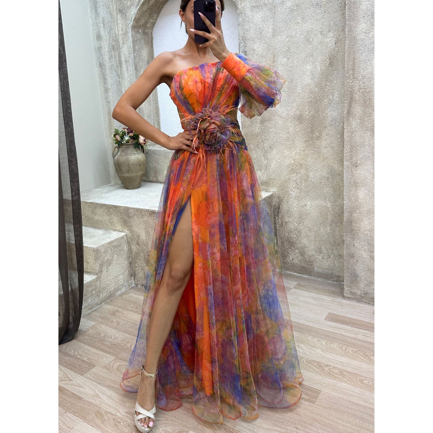 Mesh Tie-dye Printed Off-shoulder Slit Dress Summer INS Fashion Long Dress Party Womens Clothing touchydesign