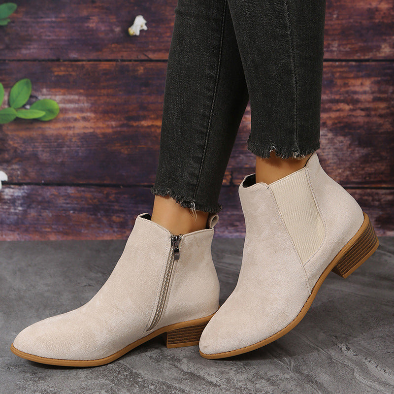 Pointed Suede Casual Shoes for Women - Thick Heel with Elastic Band, Stylish & Comfortable