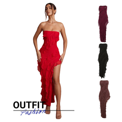 2024 Summer Trend Skinny Women's Fashion Tube Top Backless Split Tassel Dress Birthday Party Clubwear - touchydesign