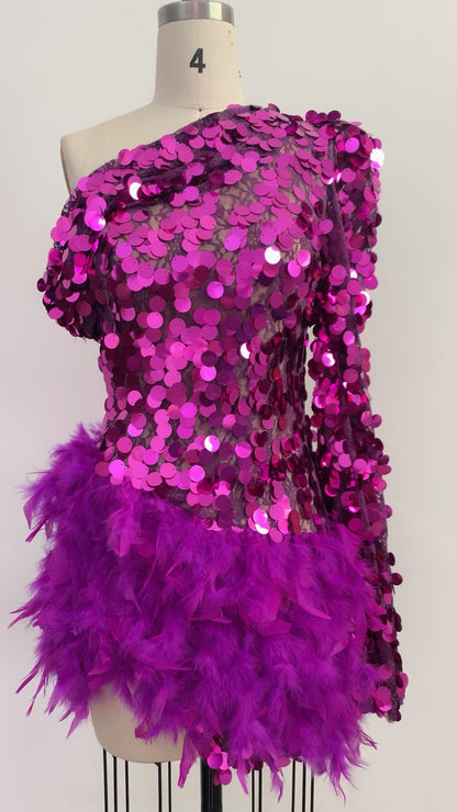 Purple Sequined Feather Skirt One-shoulder Sleeve Short Dress Luxury Party Stage Performance Dress touchydesign