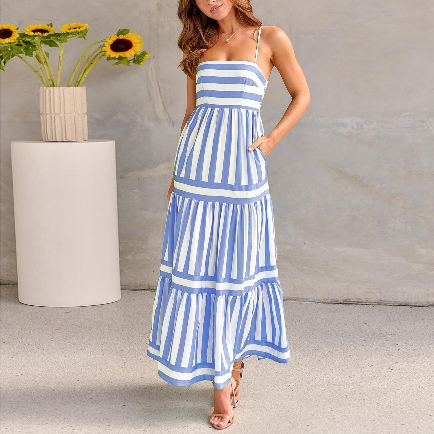 Summer Striped Printed Suspender Long Dress With Pockets Fashion Square Neck Backless Dresses For Beach Vacation Women Clothing touchydesign