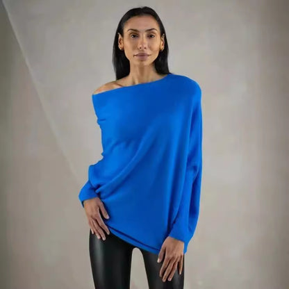 Women's Off-Shoulder Batwing Sleeve Sweater - Solid Color Round Neck Pullover for Fall Fashion