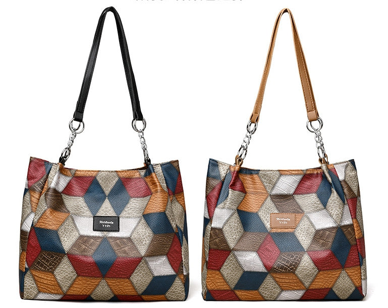 Retro geometric pattern color-matching shoulder bag with large capacity, stylish stitching design for women. Fashionable tote handbag in vibrant colors, perfect for everyday use.