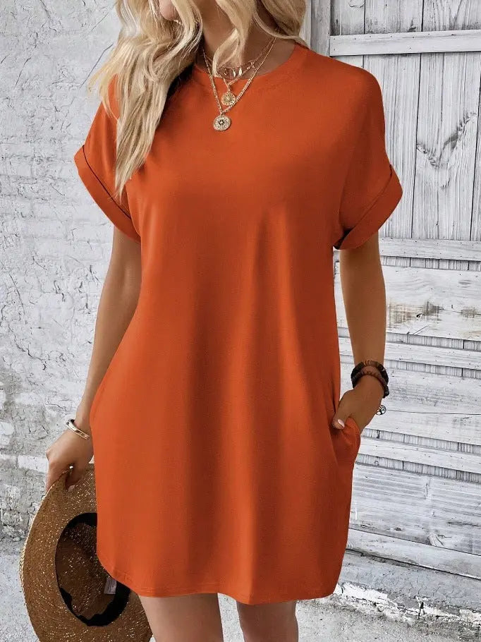 Long sleeve dress With Pockets Summer Casual Solid Color Round Neck Straight Dresses Womens Clothing touchydesign