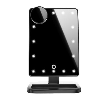 Touch screen makeup mirror with 20 LED lights, 10X magnifying mirror, and built-in Bluetooth music speaker. Illuminated vanity mirror for flawless makeup application.