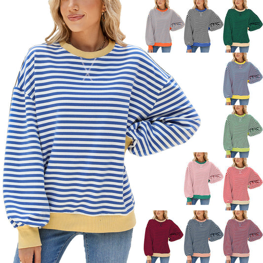 Women's Stripes Round Neck Contrast Color Loose Long Sleeve Sweatershirt