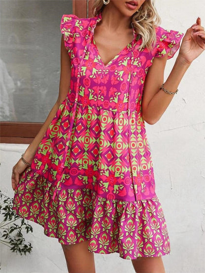 Printed Sleeveless Dress Summer Fashion V-Neck Lace-up Straight Dresses For Womens Clothing touchydesign