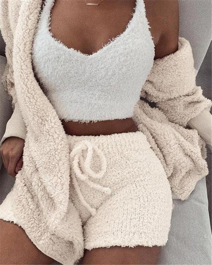 Women’s 3-Piece Pajama Set with Long Sleeve Crop Top and Drawstring Shorts