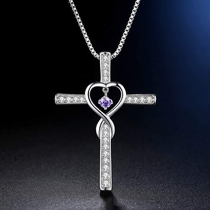 Infinity Love God We Trust Christian Cross Birthstone Crystal Pendant Necklace Colour Gems Zircon Heart Necklace Women Jewelry touchydesign