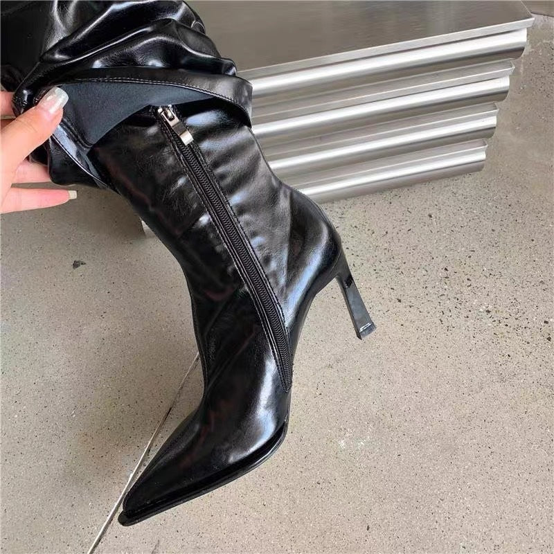 Patent Leather Pantyhose Boots - Pointed Toe Stiletto High Heels for Bold Elegance