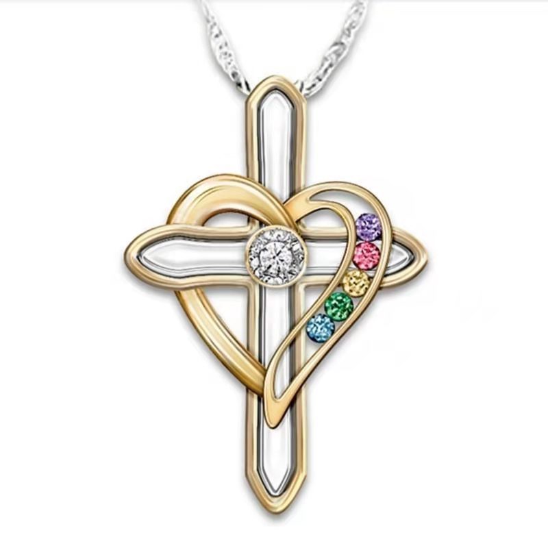 Cross Love Colorful Imitatio Gemstone Pendant Alloy Clavicle Chain touchydesign