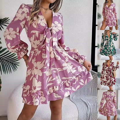 Floral Printed V-Neck Long Sleeve Dress | Ruffles & Bowknot A-Line Short Dress dress drl