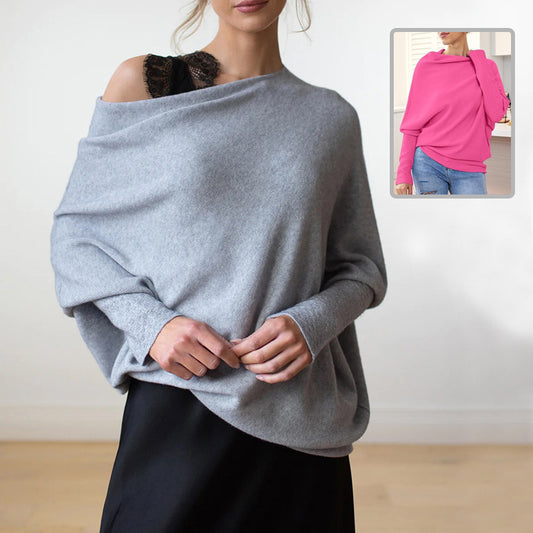 Women's Off-Shoulder Batwing Sleeve Sweater - Solid Color Round Neck Pullover for Fall Fashion