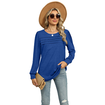 Women's solid color U-neck long-sleeve T-shirt with pleated design. Casual and stylish top for everyday wear.