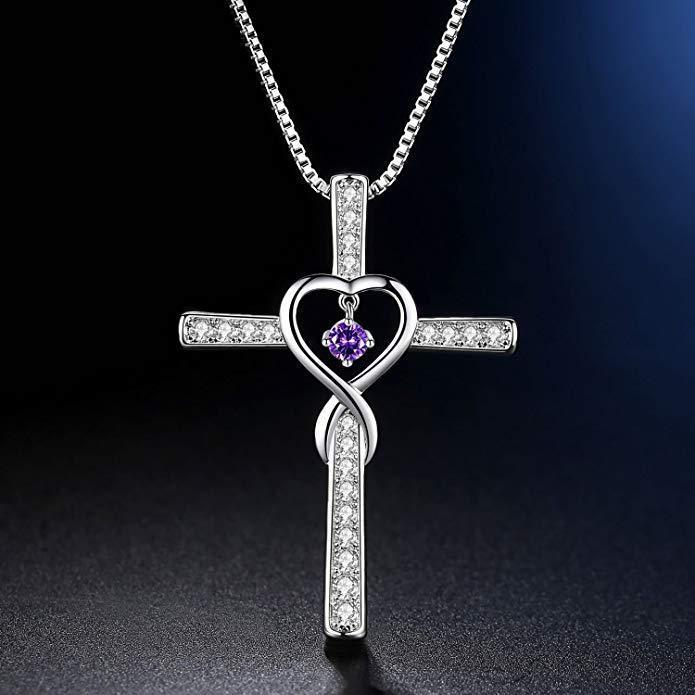 Infinity Love God We Trust Christian Cross Birthstone Crystal Pendant Necklace Colour Gems Zircon Heart Necklace Women Jewelry touchydesign