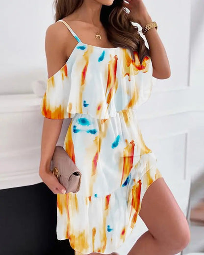 Flower Printed Ruffled Suspender Dress Summer Off-the-shoulder Strap Dresses Women touchydesign