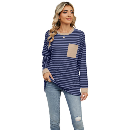 Women's long sleeve round neck T-shirt with pockets and split upper