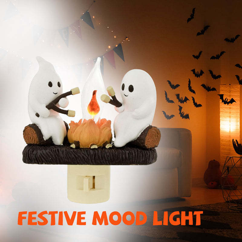 2024 Halloween Ghost Campfire Flickering Nightlight - Two Ghosts Roasting Marshmallows - Spooky Plug-in Wall Night Light for Halloween Decor"