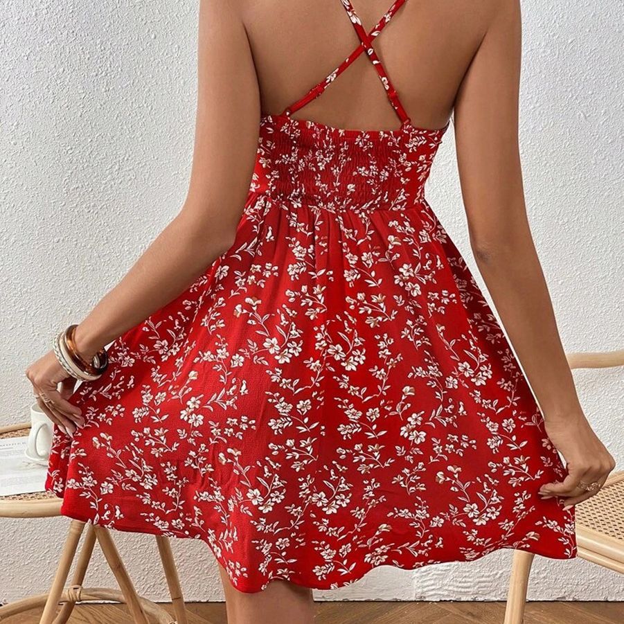 Flower Printed V-neck Large Swing Dress