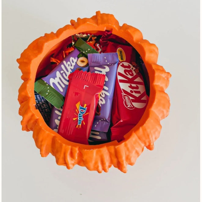 
"Melting Halloween Pumpkin Candy Bowl with eerie dripping design, perfect for trick-or-treat candy display, Halloween decor, spooky pumpkin bowl."