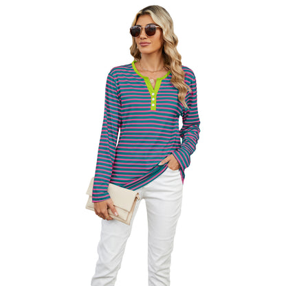 Women's V-neck striped long-sleeve T-shirt with a loose fit. Casual and comfortable top for everyday wear."