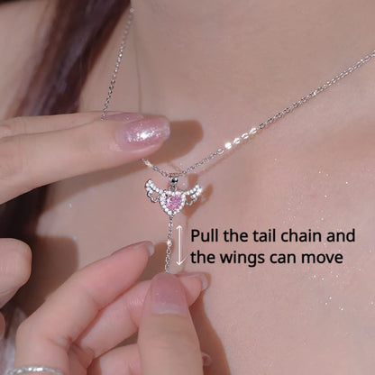 Valentine's Day gift - moving Cupid heart necklace with angel wings and crystal