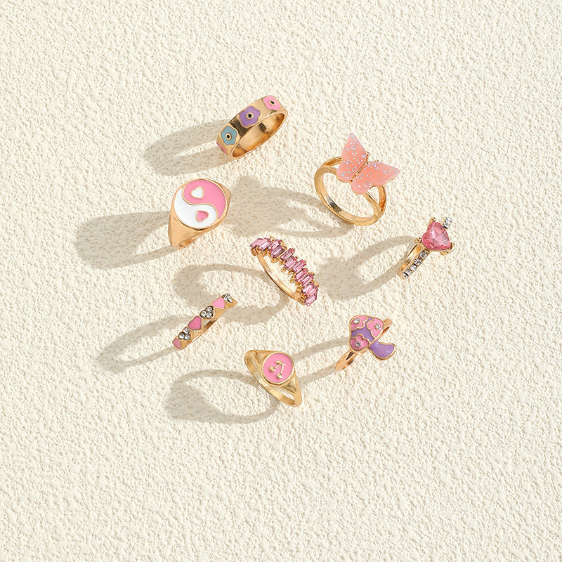 8pcs pink gold stackable bohemian midi ring set with cute mushroom design, perfect gift for her