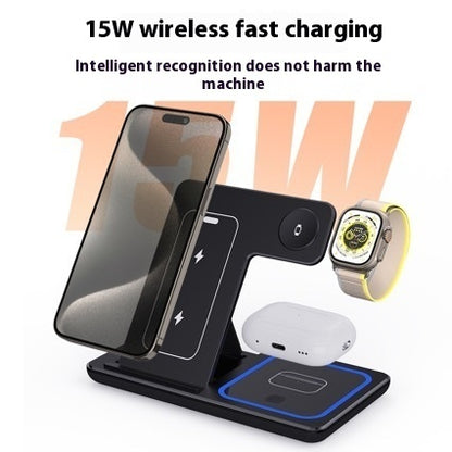 15W 3-in-1 LED Fast Wireless Charger Stand - Foldable Charging Station for Smartphones, iWatch, and AirPods Pro