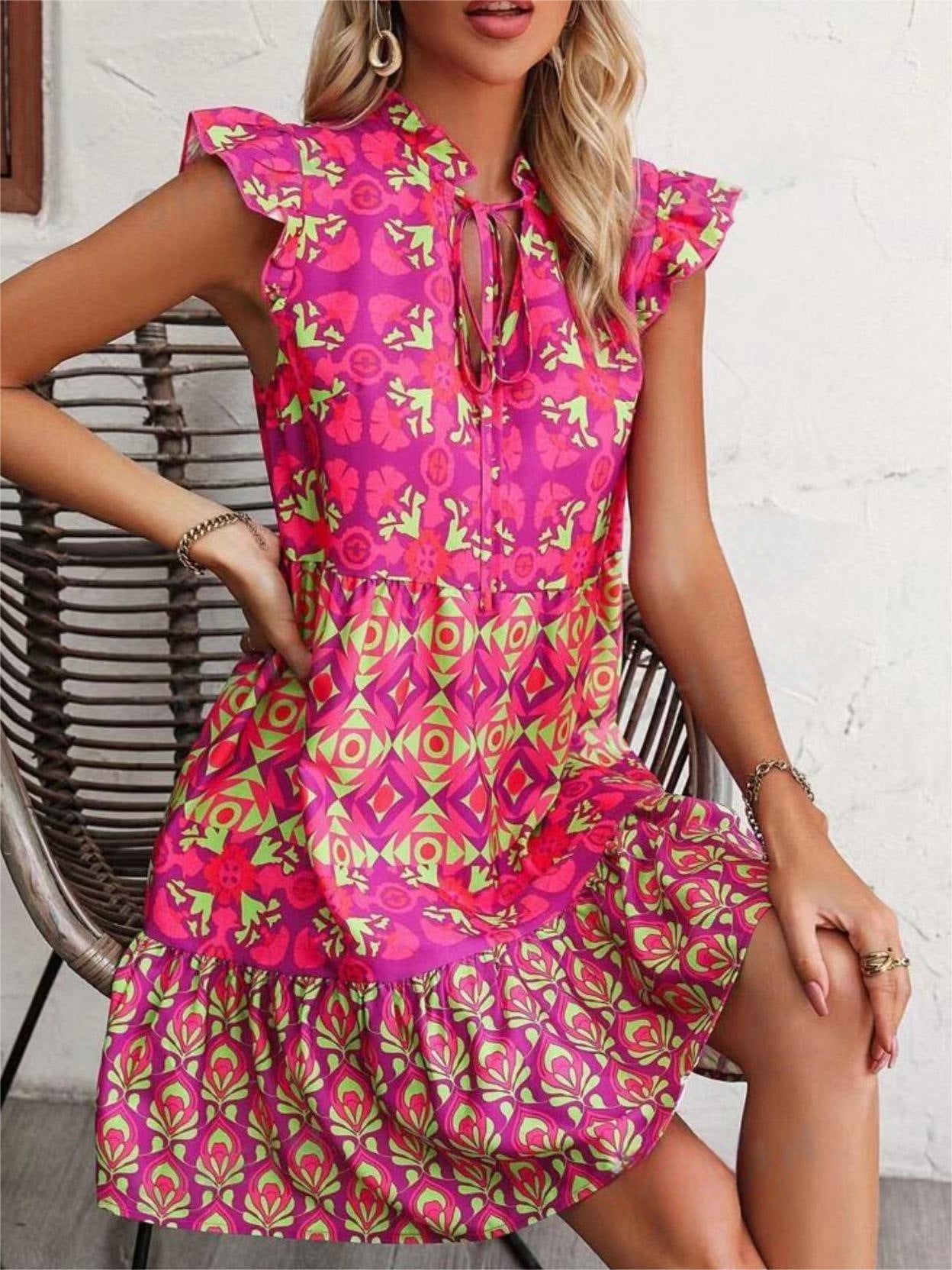 Printed Sleeveless Dress Summer Fashion V-Neck Lace-up Straight Dresses For Womens Clothing touchydesign