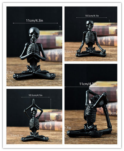 Halloween horror yoga skull skeleton resin ornaments, perfect for spooky desktop decorations or eerie home decor, featuring detailed skeleton modeling