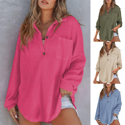 Women's waffle knit long sleeve top - loose fit for a chill, casual style. Cozy and comfortable oversized shirt perfect for relaxed wear