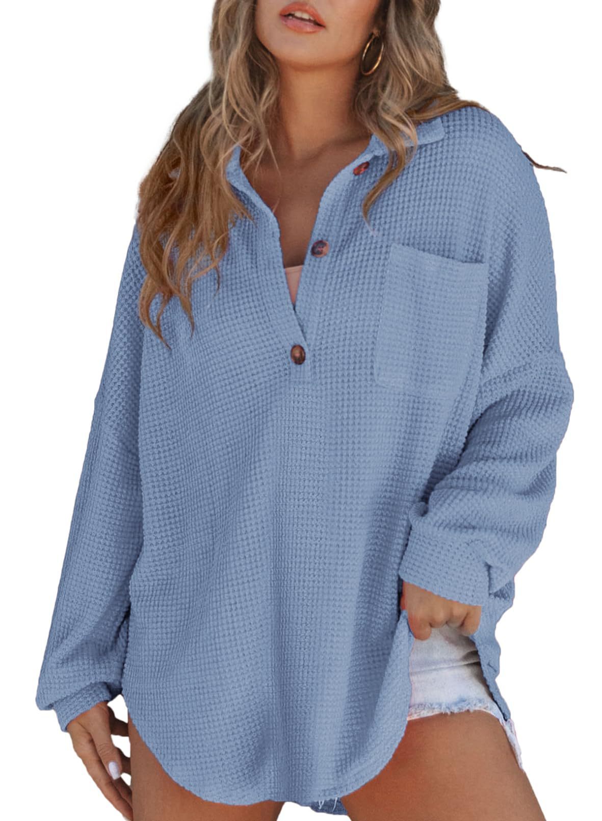 Women's waffle knit long sleeve top - loose fit for a chill, casual style. Cozy and comfortable oversized shirt perfect for relaxed wear