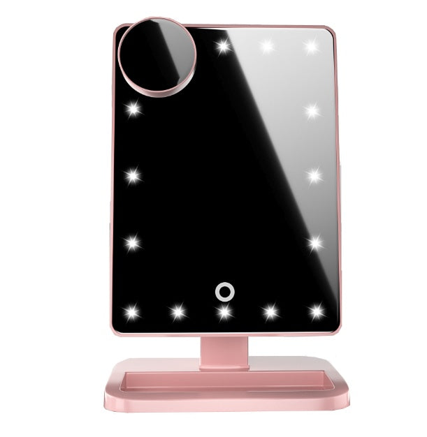 Touch screen makeup mirror with 20 LED lights, 10X magnifying mirror, and built-in Bluetooth music speaker. Illuminated vanity mirror for flawless makeup application.