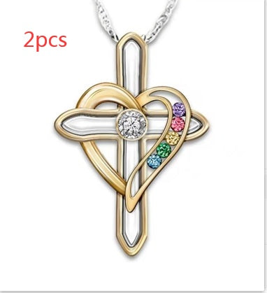 Cross Love Colorful Imitatio Gemstone Pendant Alloy Clavicle Chain touchydesign