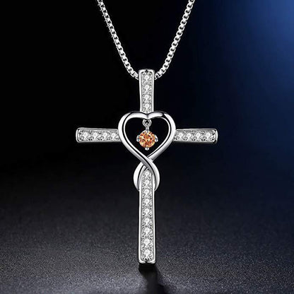 Infinity Love God We Trust Christian Cross Birthstone Crystal Pendant Necklace Colour Gems Zircon Heart Necklace Women Jewelry touchydesign