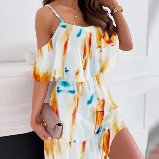 Chiffon Printing Off-the-shoulder Strap Dress touchydesign