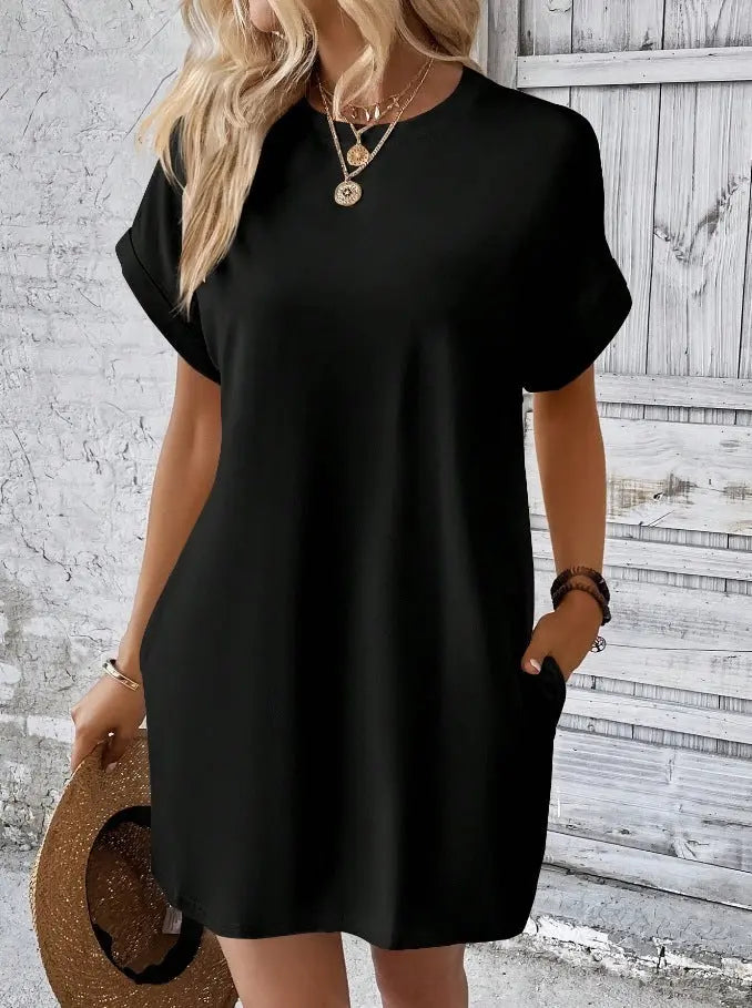 Long sleeve dress With Pockets Summer Casual Solid Color Round Neck Straight Dresses Womens Clothing touchydesign