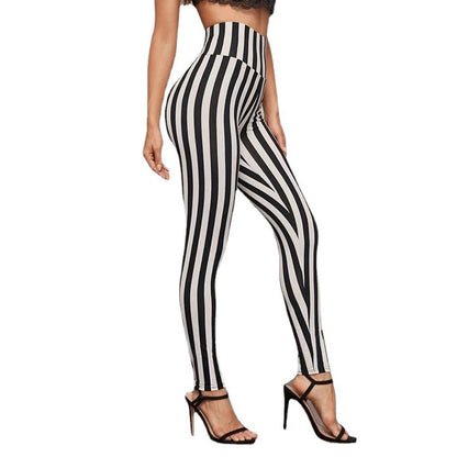 Women's Vertical Stripes High Waist Cropped Skinny Leggings - Trendy and Flattering Fit for a Stylish Look."