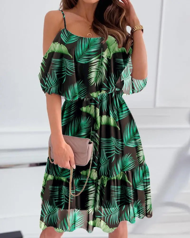 Flower Printed Ruffled Suspender Dress Summer Off-the-shoulder Strap Dresses Women touchydesign