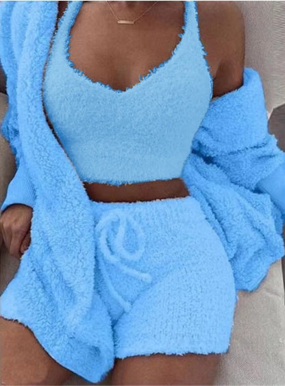 Women’s 3-Piece Pajama Set with Long Sleeve Crop Top and Drawstring Shorts