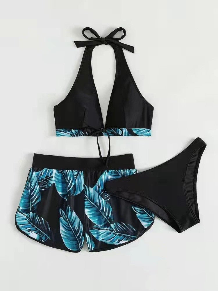 3piece Leaf Print Bikini With Shorts Fashion Summer Beach Swimsuit Womens Clothing - touchydesign