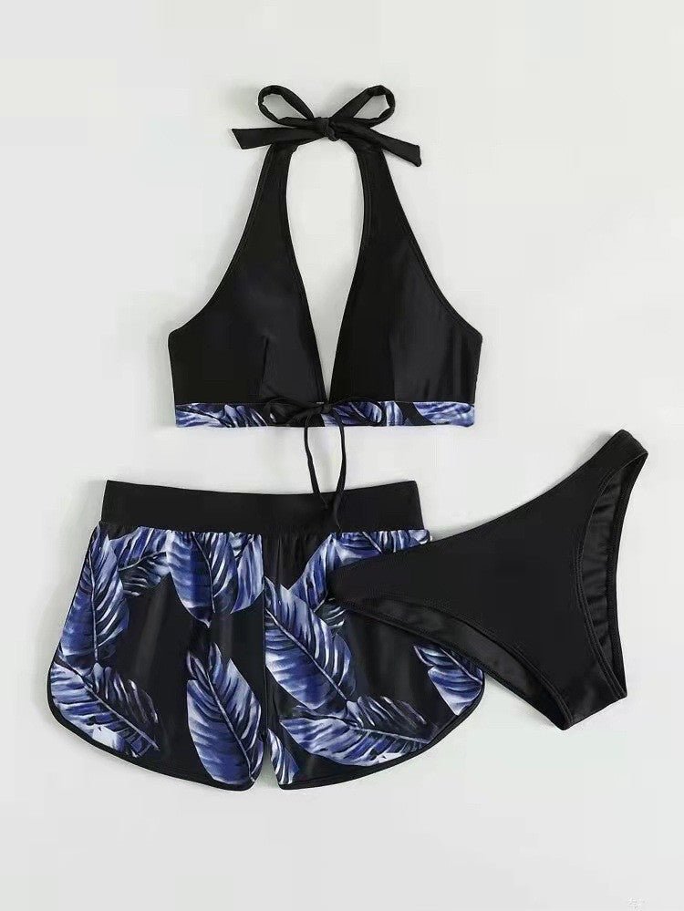 3piece Leaf Print Bikini With Shorts Fashion Summer Beach Swimsuit Womens Clothing - touchydesign