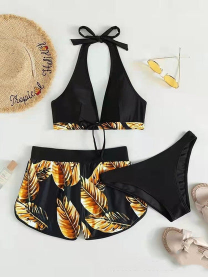 3piece Leaf Print Bikini With Shorts Fashion Summer Beach Swimsuit Womens Clothing - touchydesign