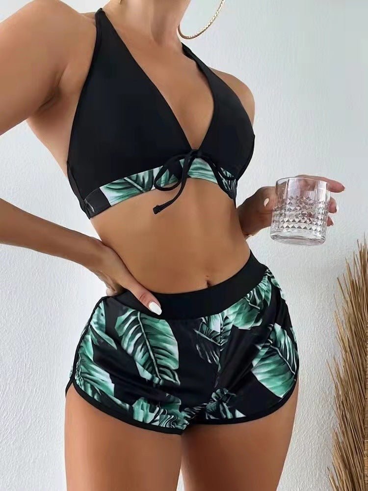 3piece Leaf Print Bikini With Shorts Fashion Summer Beach Swimsuit Womens Clothing - touchydesign